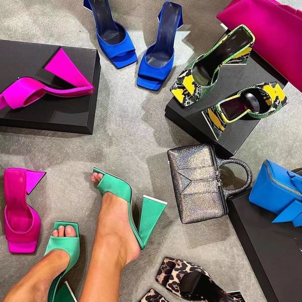 

slippers slip on satin womens high-heeled shoes 9.5cm high heels sandals square heels summer classic candy color designer factory shoe our s, Black