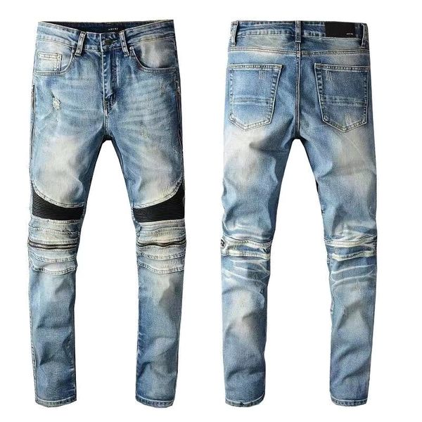 

2023 faux leather pants men women t shirts panther print army green destroyed mens slim denim straight biker skinny pants, Blue