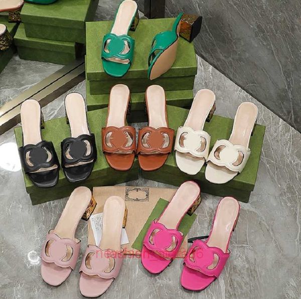 

designers low heeled leather sandals women interlocking high-quality real leather slippers g cut-out slide sandal calf ladies fashion cutout, Black