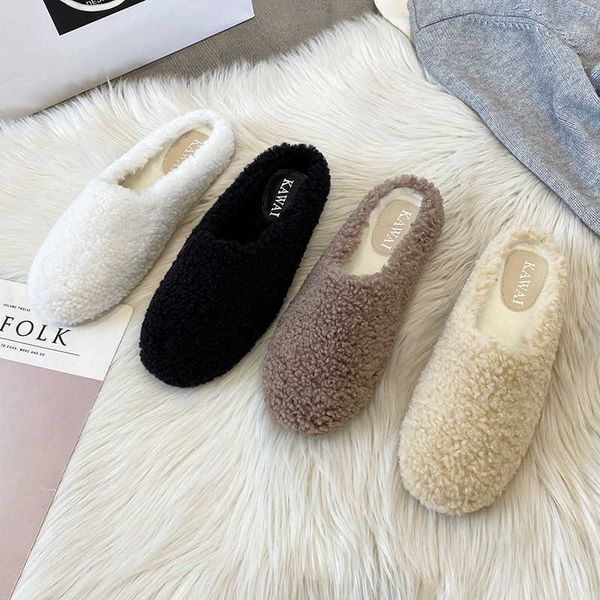 

slippers plus size 34-43 luxury lambwool mules winter shoes woman flip flops flat cover toe slides ins warm curly lamb fur slippers women g2, Black