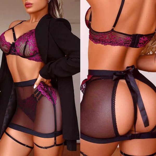 

set 3 piece women' lingerie babydoll floral lace strappy bra garter mesh skirt panty underwear erotic costumes y2302, Red;black