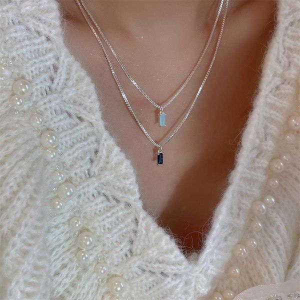 

retro geometric pendant necklaces for women korean rhinestone rectangle silver color clavicle chain simple blue dangle jewelry 0206