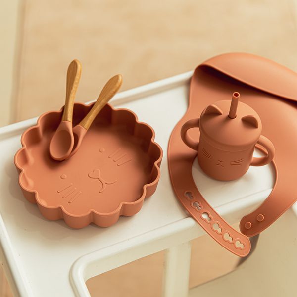 

bibs burp cloths cups dishes utensils 5pcs baby silicone feeding training learning tableware fork spoon cup dinner plate set non-slip bpa si