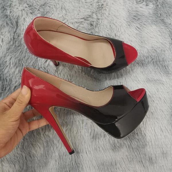 

2023 new brand red bottom shoes women pumps platform peep toe 14cm extremely high heels stiletto patent leather party nightclub red wedding, Black
