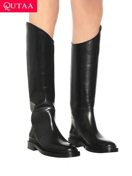 

boots qutaa ins brand women genuine leather knee high boots low heel motorcycle warm long boots woman shoes black size 34-42 230204