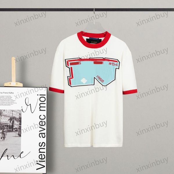 

xinxinbuy men designer tee t shirt 23ss paris 1854 pattern contrast color knitted short sleeve cotton women black blue m-xl, Black;brown