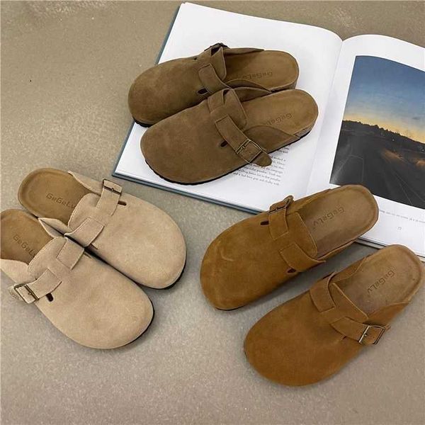 

slippers women's closed toe cork sandals cow suede leather clogs slippers for women retro flat shoes garden mule clog slides women shoe, Black