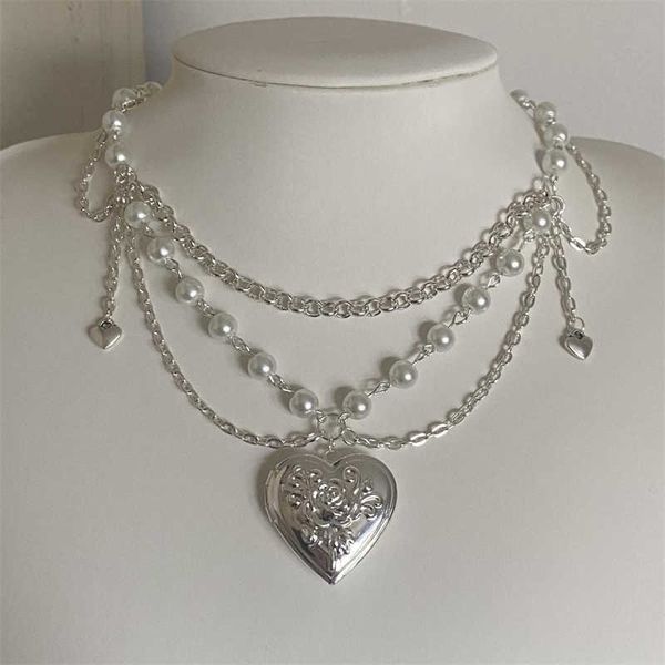 

pendant s handmade victorian locket style layered pearl rosary y2k indie jewelry pixie fairycore cottagecore necklace 0206, Silver