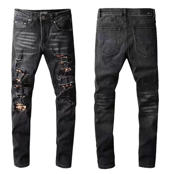

faux leather pants european and american fashion new trousers men's black ripped embroidery patch stretch slim leggings jeans trendy, Blue