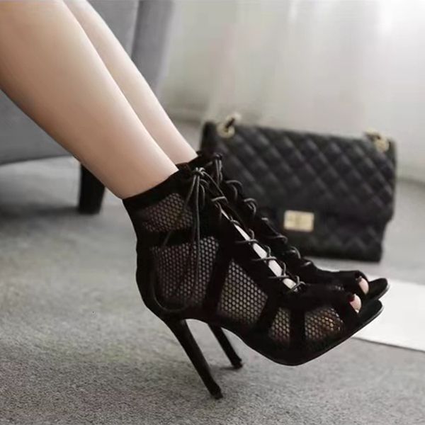 

dress shoes women lace up mesh heels summer open toe tie up sandals ladies stiletto strappy high heels wrap fashion high dance shoes 230206, Black