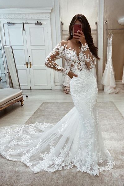 

romantic full lace mermaid wedding dresses sheer long sleeve appliques jewel neck long bridal gowns garden boho robe de mariage bc15112, White