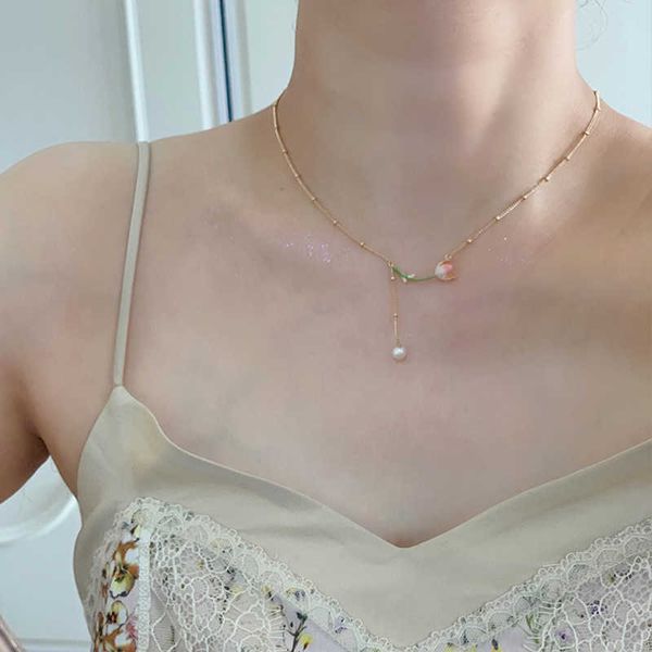 

pendant necklaces korean elegant tulip flower pearl necklace for women fashion simple choker clavicle chain wedding party jewelry gift 0206, Silver