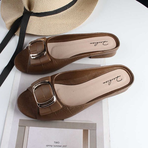 

slippers shoes for women 2023 new women's summer half slippers fashion square buckle casual block heel outside flat daily sandals g2302, Black
