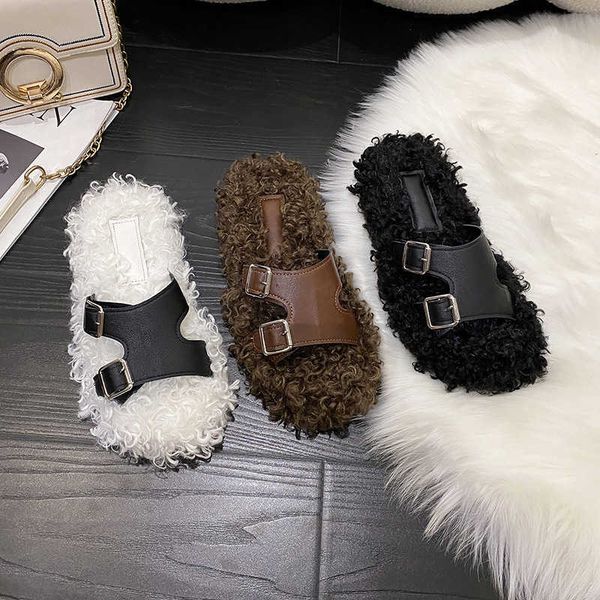 

slippers women wear new winter 2023 flat-bottomed half-drag mueller slipper woolly anti-slip slippers flip flops soft sole indoor slides g23, Black