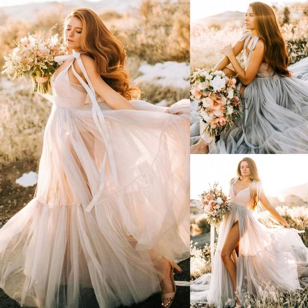 

country garden bohemian wedding dresses spahgetti straps v neck high split bridal gowns boho forest plus size maternity wedding robes bc1509, White