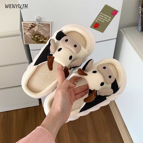 

slippers women slippers cute cartoon milk cow platform leisure home slides outdoor non-slip thick sole couple hemp sandals ladies shoes g230, Black
