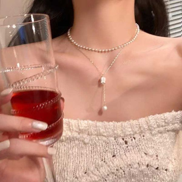 

pendant necklaces korean vintage flower double layers necklace for women elegant pearl choker wedding jewelry gifts 0206, Silver