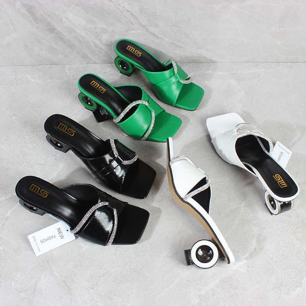 

slippers women's high heel sandals 2022 summer new pu black simple crystal flop open toe high heels fashion outer slippers 7cm g230206