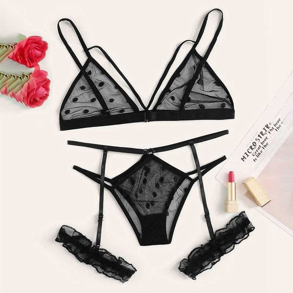 

set women plus size bra erotic costumes lace underwear seamless thong garters polka dot lette lingerie  y2302, Red;black