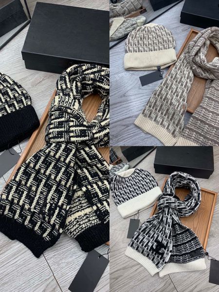 

hat scarf suit boutique designer autumn and winter striped knitted hat two-piece cashmere production yarn dyeing technology fashion versatil, Blue;gray