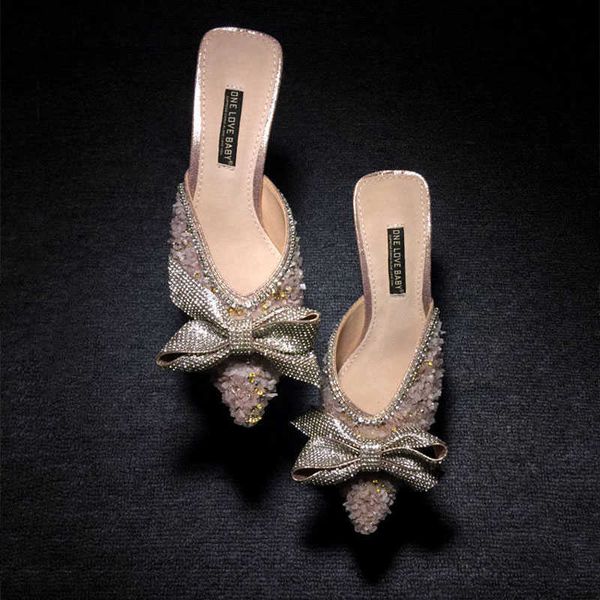 

slippers bling high heels slippers crystal band bow knot party shoes woman pointy rhinestone mules sandalias mujer 2020 flip flops g230206, Black