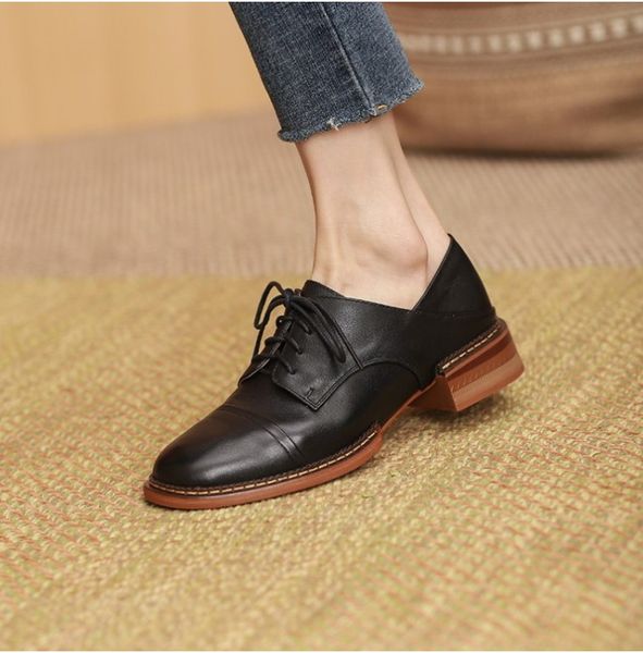 

british style women muller shoes lace up leather square toe fashion lady flats office shoe, Black