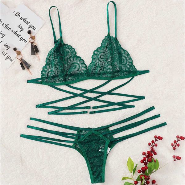 

set lingerie bra women green lace sling thong bandage underwear sleepwear  lenceria y2302, Red;black