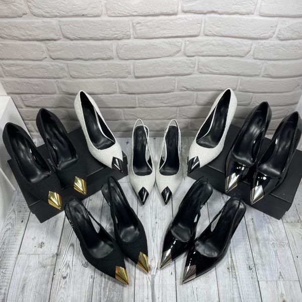 

designer women sandals high heel shoes genuine leather metal v buckle 2023 summer new pointed toe thin heels 7cm 9cm single shoes with box s, Black