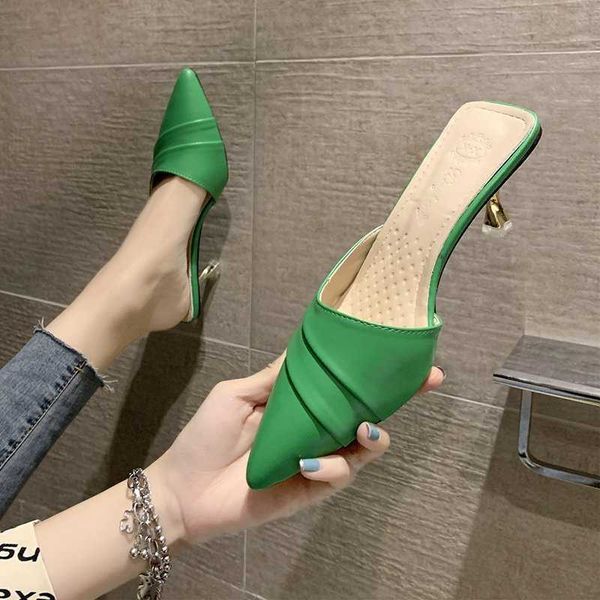 

slippers pumps slippers female sandals woman summer 2022 green pointed high heels outdoor stiletto pu leather party shoes with skirt g230206, Black