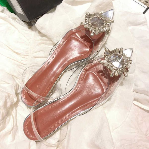 

sandal amina muaddi rhinestone flower pvc transparent flat sandals women's net red high heels women's shoes 230209, Black