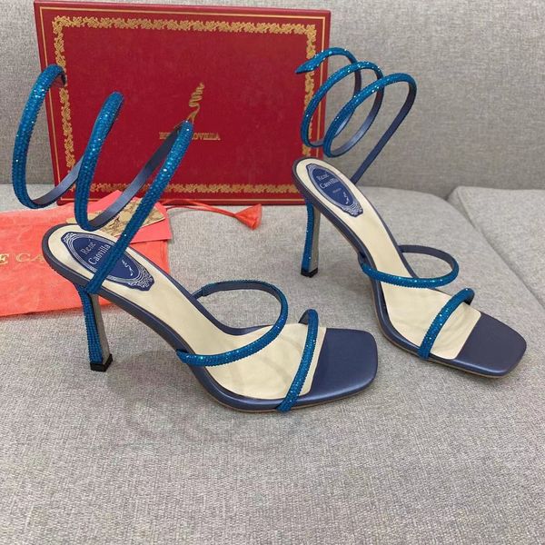 

cleo rene rene caovilla rhinestones-studded stiletto sandals 95mm square head snake strass ankle wraparound stiletto women's high heels, Black