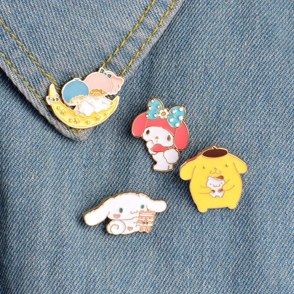 

cartoon girl brooches set 4pcs cute gold plated moon bear rabbit dog enamel badges lapel pin backpack accessories, Gray