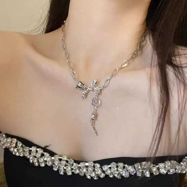 

punk bowknot pendant necklace for women silver color metal rose flower hip hop cool girls choker chain necklaces y2k jewelry 0206