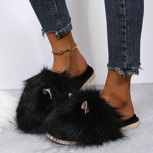 

slippers solid color cute h warm slippers fashion casual ears women's closed-toe women's slipper slippers g230206, Black