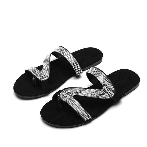 

slippers 2022 new sandals female summer rome diamond set a word wit comfortable flat bottom large size ladies slippers g230206, Black