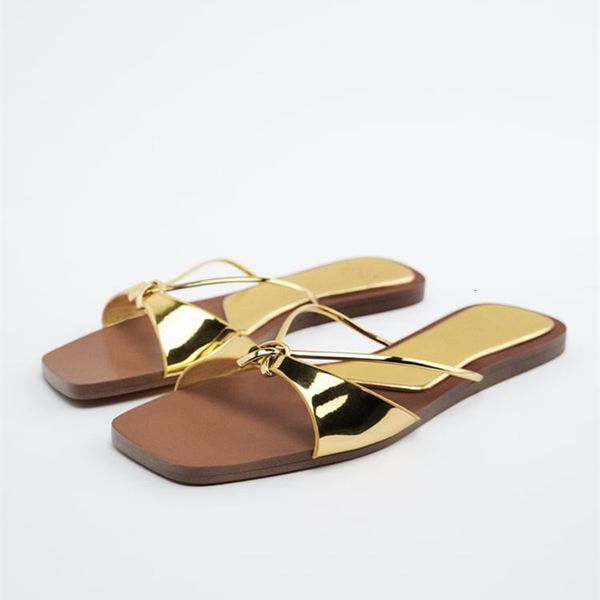 

sandals zaza women's summer gold kbot flat sandal thin straps luxury slippers square toe flip flops casual beach flats 230204, Black