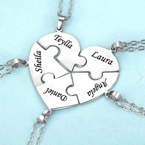 

s custom personality heart puzzle engraved names hearts pendant necklace stainless steel jewelry 0206, Silver
