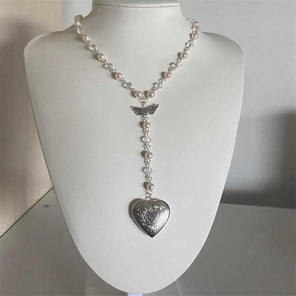 

pendant s the cupids daydream locket beaded chain layered rosary necklace y2k handmade trendy women's statement jewelry gift 0206, Silver