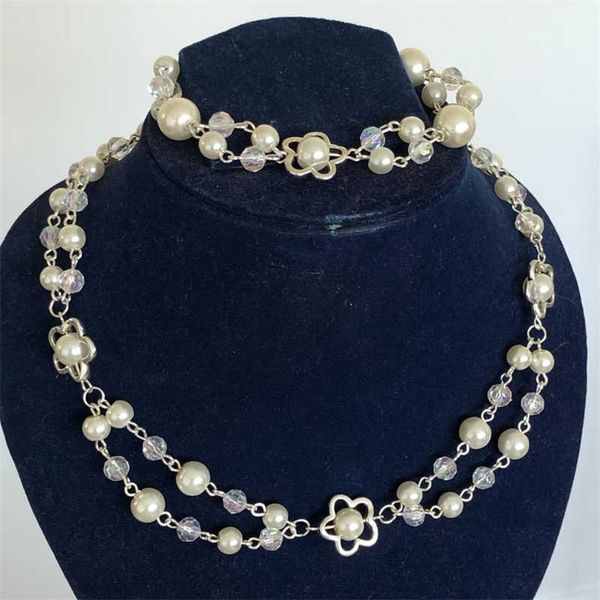 

pendant s handmade flower pearl crystal fairycore beaded chokersdouble chain and matching bracelet set layered rosary necklace 0206, Silver