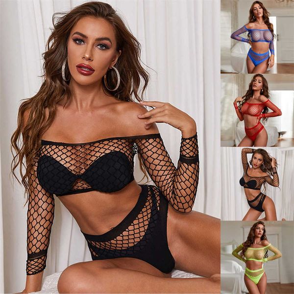 

set sensual erotic lingerie woman see through fishnet underwear hollow out long sleeve panties brief women 2 piece y2302, Red;black