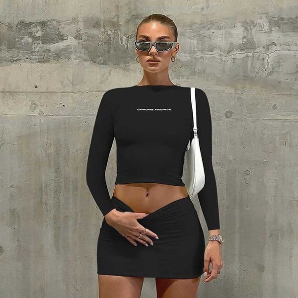 

retail designer casual dresses women two piece outfits fashion letter printed outfits long sleeve slim short skirt set, Black;gray