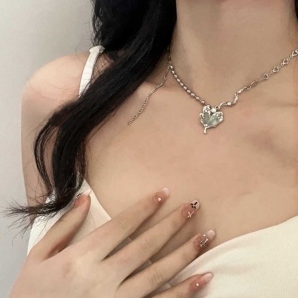 

necklaces asymmetrical metal chain hollow out heart pendant green resin zircon necklace for women girl trendy y2k jewelry huanzhi 2022 new 0, Silver