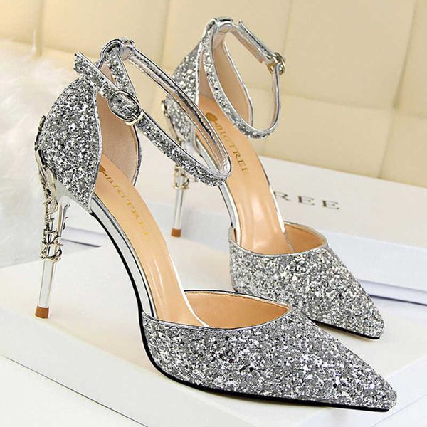 

dress shoes bigtree shoes heels 2023 new woman pumps sequins high heels women shoes fashion ladies shoes gold sliver stiletto heels sandals, Black