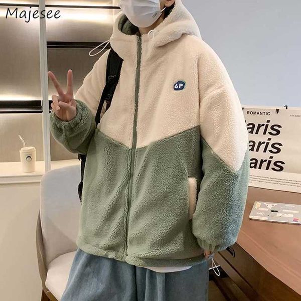 

men's jackets men hooded zipper lambswool warm plush couple patchwork loose outerwear college all-match personality winter mens jacket, Black;brown