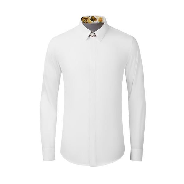 

elegant cotton shirt men casual slim long sleeve business male dress shirts floral collar print chemise homme plus size camisas, White;black