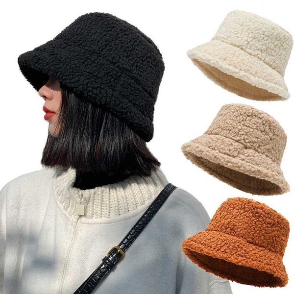 

wide brim hats winter warm bucket lamb wool faux fur fisherman caps women thicken plus outdoor keep fishing y2302, Blue;gray