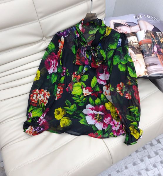 

23 spring/summer printed long sleeve shirt silk lace bow, White