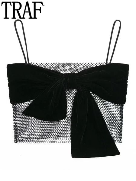 

women's tanks camis traf black sequin crop women mesh female bow corset woman see through backless tank 230204, White
