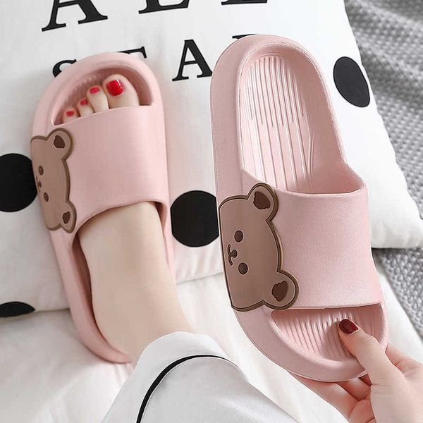 

slippers summer women men's slippers indoor bath thick platform non-slip home easter cartoon flip flops bear beach sandals ladies shoes, Black