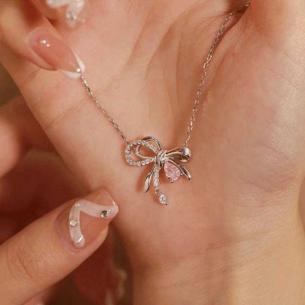 

zircon bow knot pendant for women design elegant korean fashion s woman charms necklace party lady accesorios 0206, Silver
